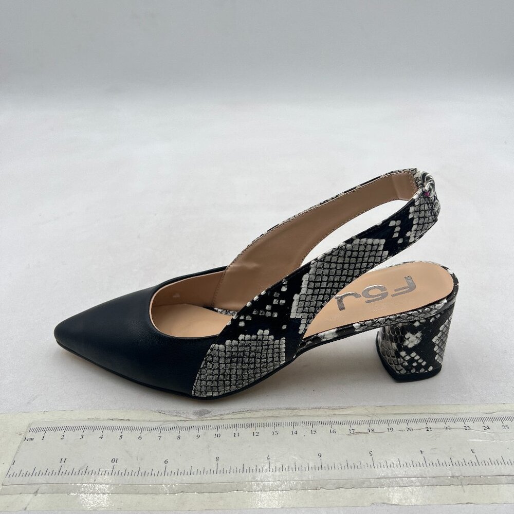 FSJ Black Snake Pointed Toe Slingback Sandals Comfortable Low Block Heel Pump
